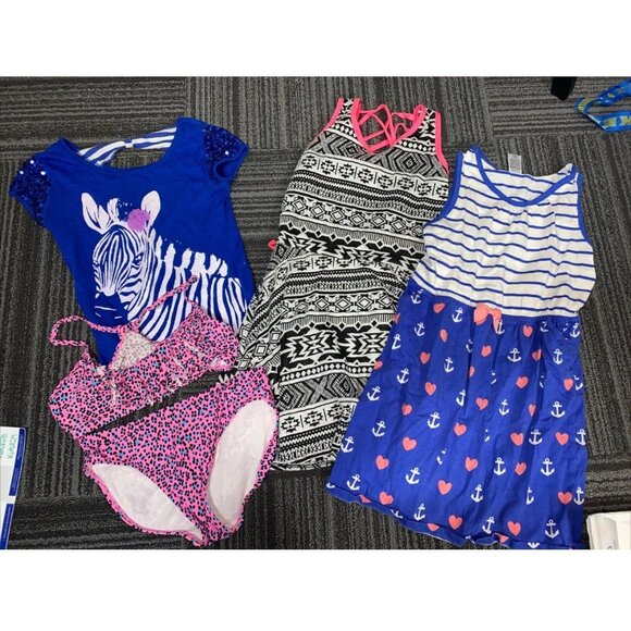 Girls Size 10-12 Clothing Bundle – 5-Piece Lot Dresses Swimsuit Tee Shorts – Hea - Picture 2 of 12